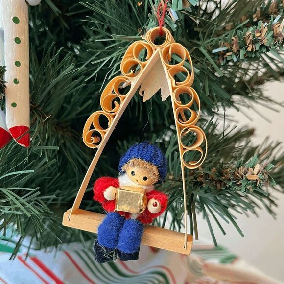 Vintage Wooden & Felt Christmas Ornaments Set of 4 Clowns, Girl, Swing Boy - Picture 2 of 7